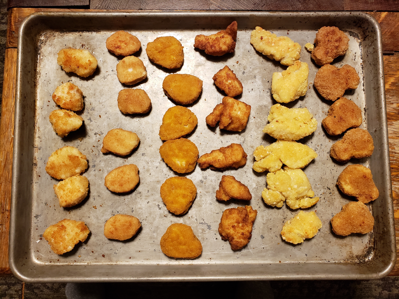 From left: Bell & Evans, Applegate, Tyson, Perdue, Trader Joe’s Nuggets, Trader Joe’s Drummellas. (Earth’s Best was a later add.)